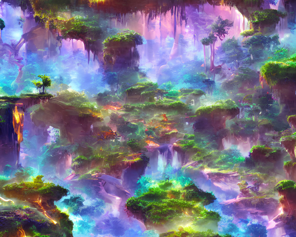 Mystical forest with waterfalls, lush greenery, and ethereal lighting