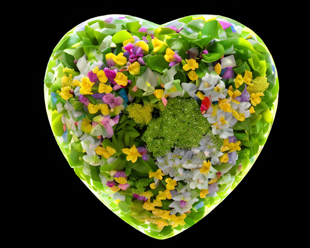 Colorful Heart-Shaped Flower Arrangement on Black Background