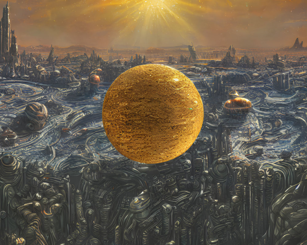 Futuristic landscape with machinery, spires, and golden sphere under sun