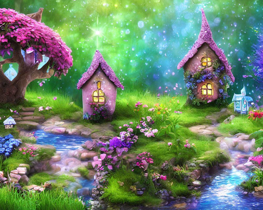 Enchanted cottages in whimsical fairy-tale landscape