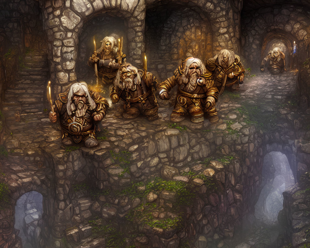 Fantasy scene: Armored dwarves with axes in torch-lit stone hallway