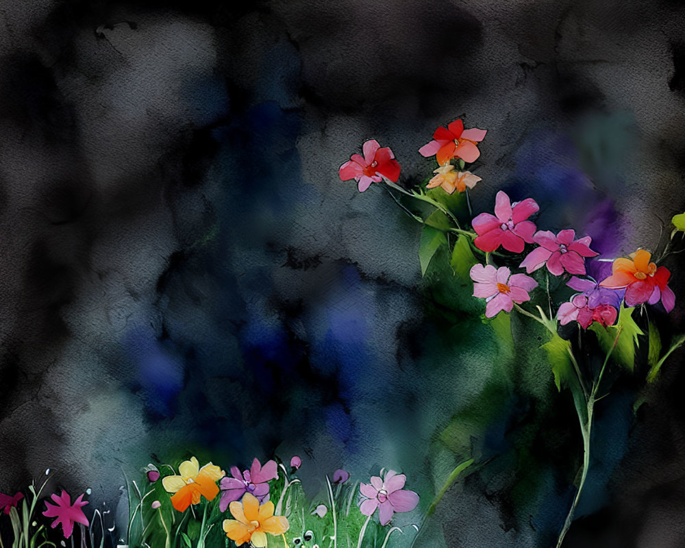 Colorful Watercolor Flowers on Dark Textured Background