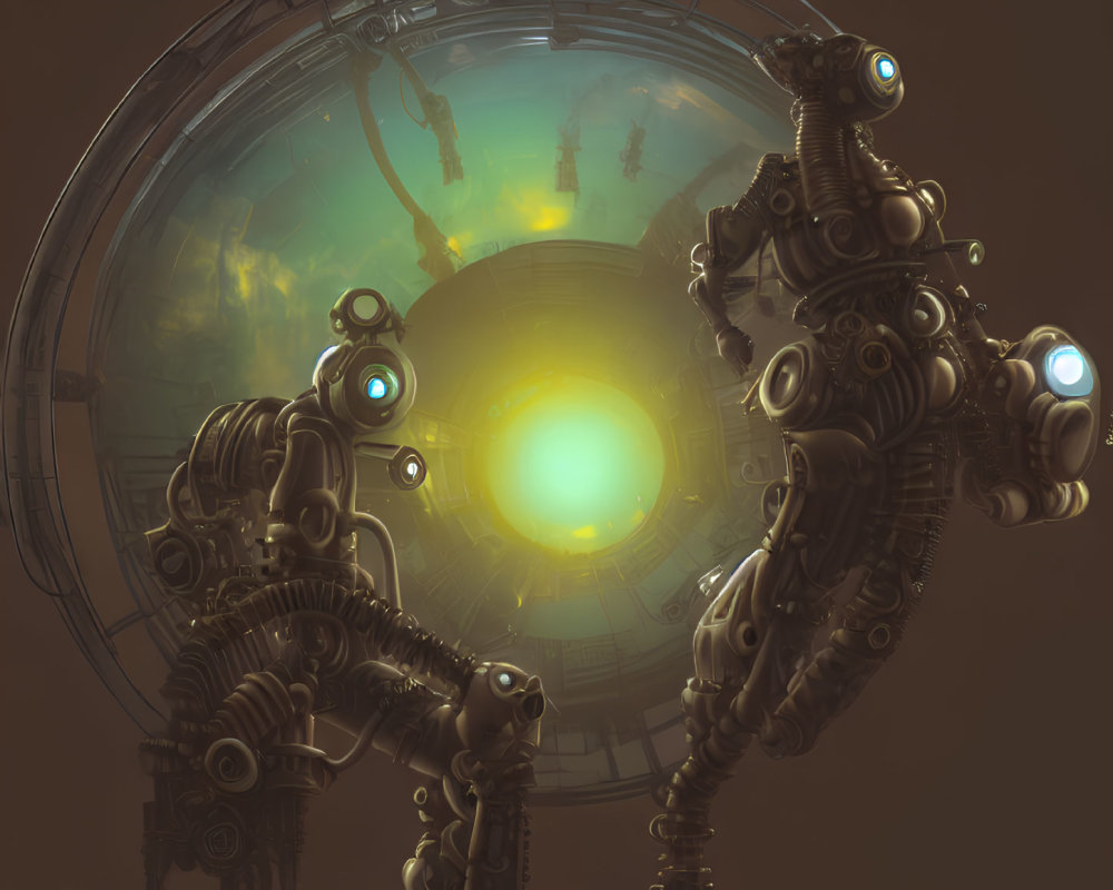 Steampunk-style robotic figure with glowing blue eyes and gears gazes at green orb in circular structure