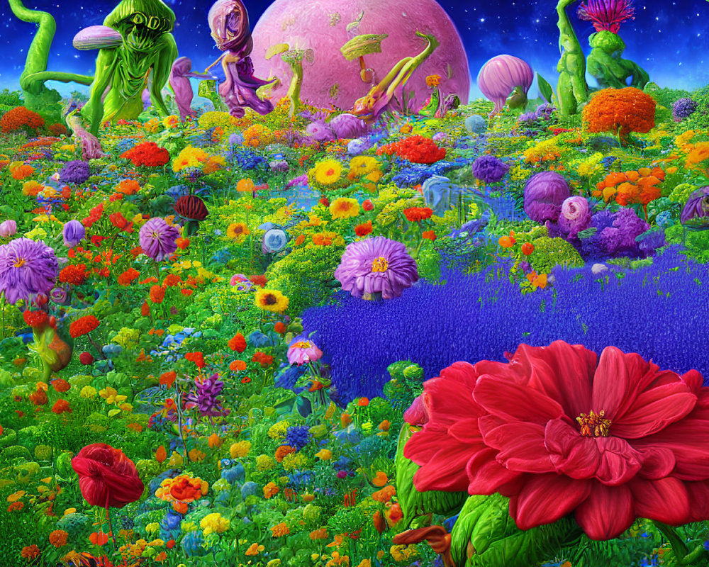 Colorful Flower Field with Alien Plants and Starry Sky Background