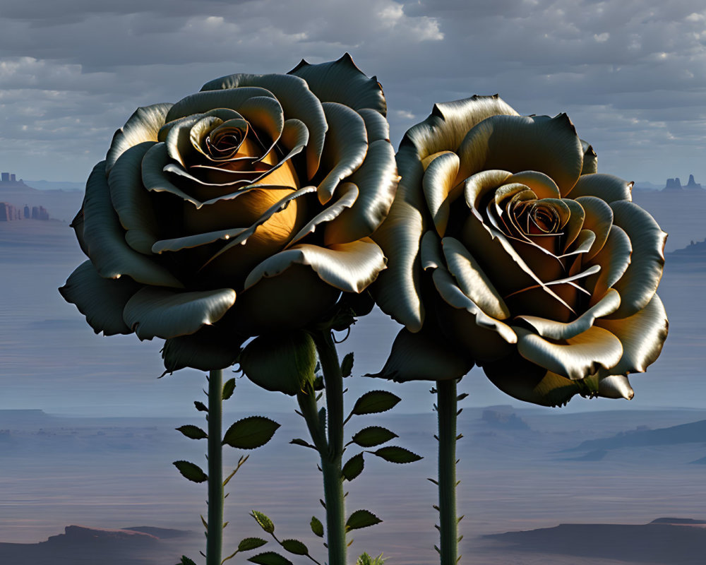 Gold-Tinted Roses in Desert Landscape with Mesas and Cloudy Sky