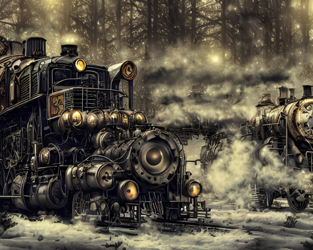 Detailed artistic portrayal of vintage steam locomotives in misty forest setting