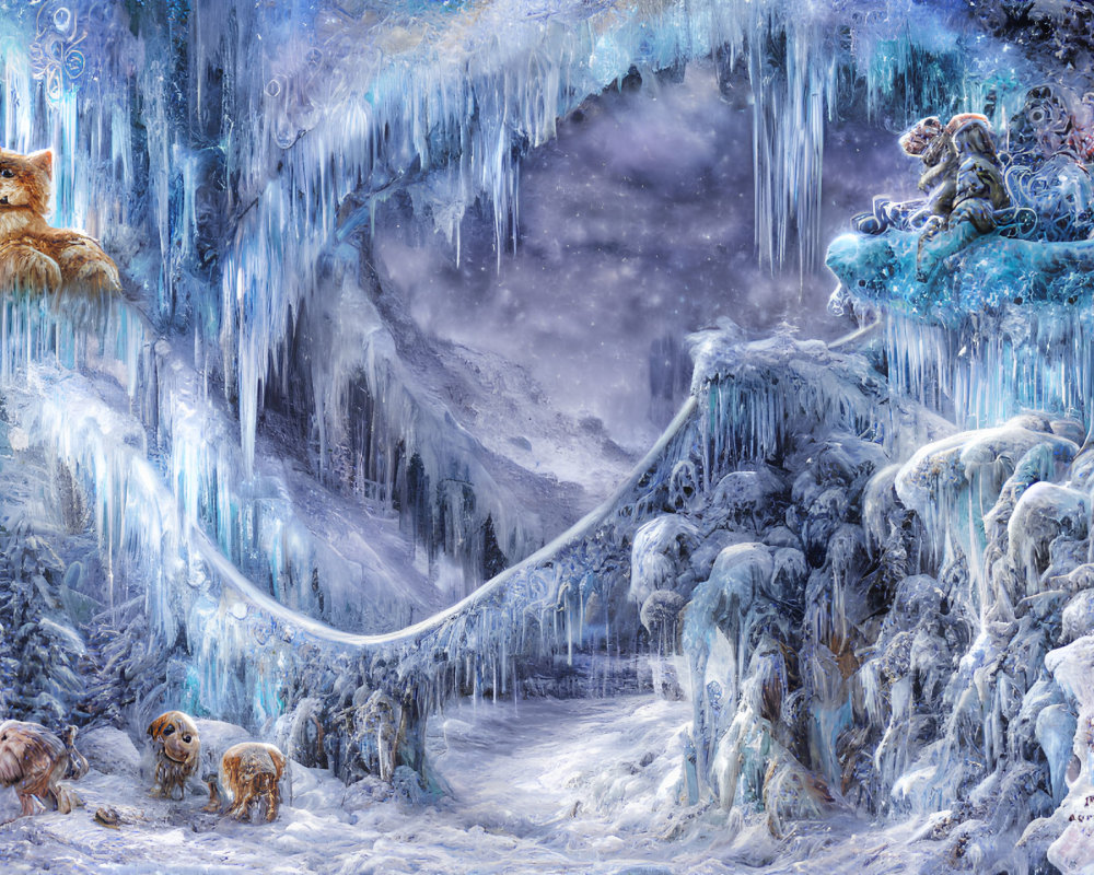 Fantastical icy landscape with animals and whimsical ice formations