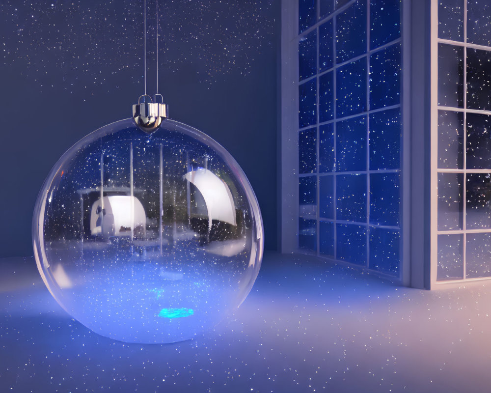 Transparent Christmas ornament glows against snowy window backdrop