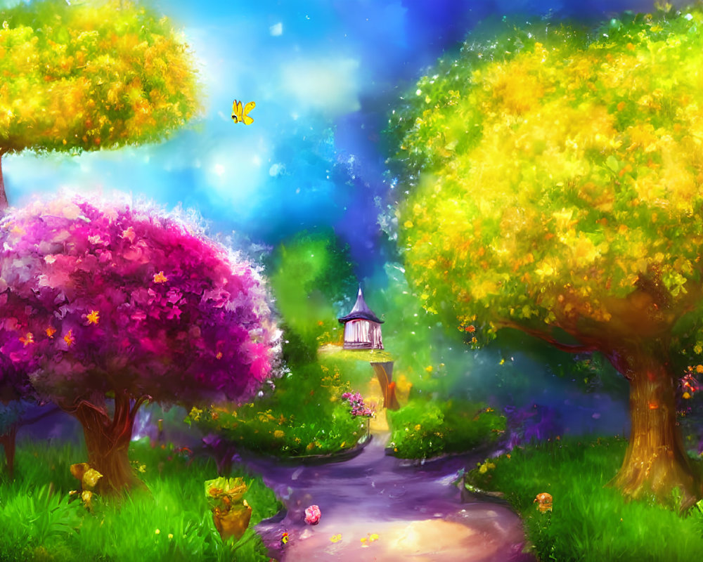 Colorful Fantasy Landscape with Trees, Path, Lantern, Butterfly, and Blue Sky