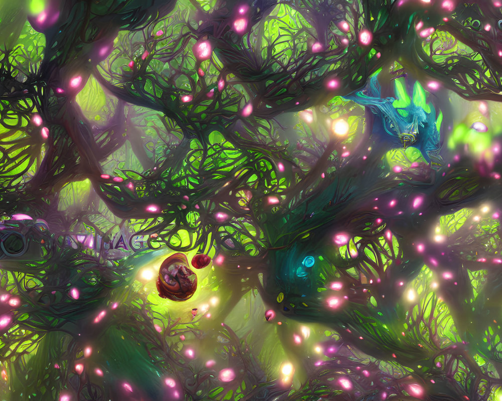 Enchanting forest scene with pink orbs, green trees, and blue creatures