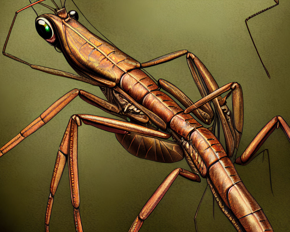 Detailed Digital Illustration of Brown Mantis's Segmented Body & Compound Eyes