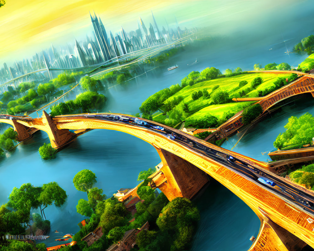 Futuristic cityscape with greenery, bridges, advanced buildings