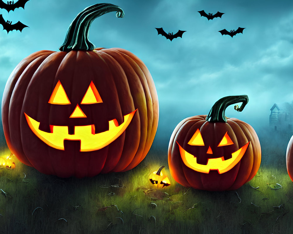 Spooky jack-o'-lanterns, bats, and haunted house on misty night field