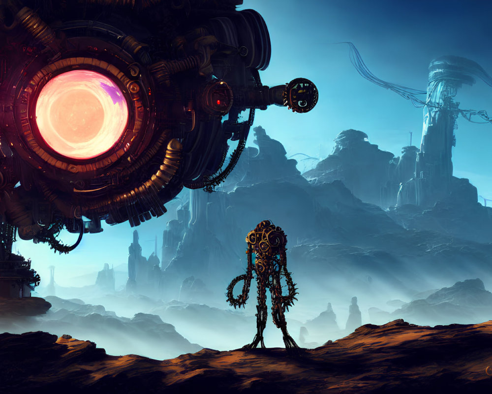 Futuristic landscape with circular mechanical structure, humanoid robot, rocky terrain, hazy blue sky