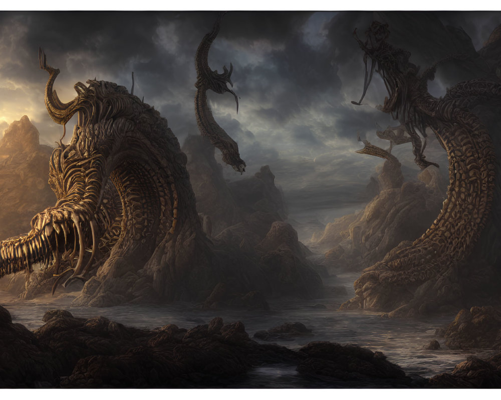 Skeletal creatures with tentacles in misty, rocky landscape