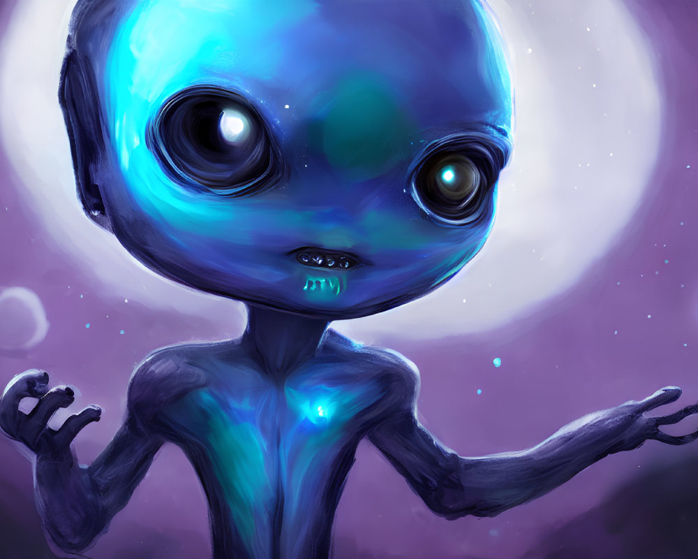 Blue alien with large eyes in cosmic scene.