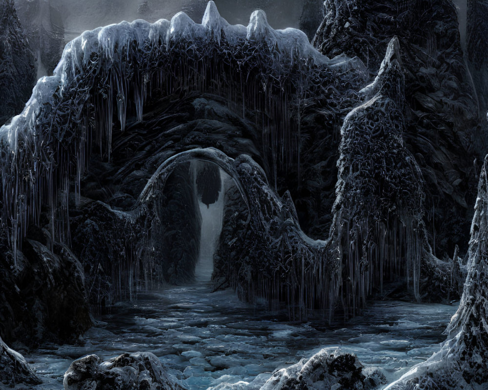 Frozen landscape with icicle archway over river and snow-covered trees