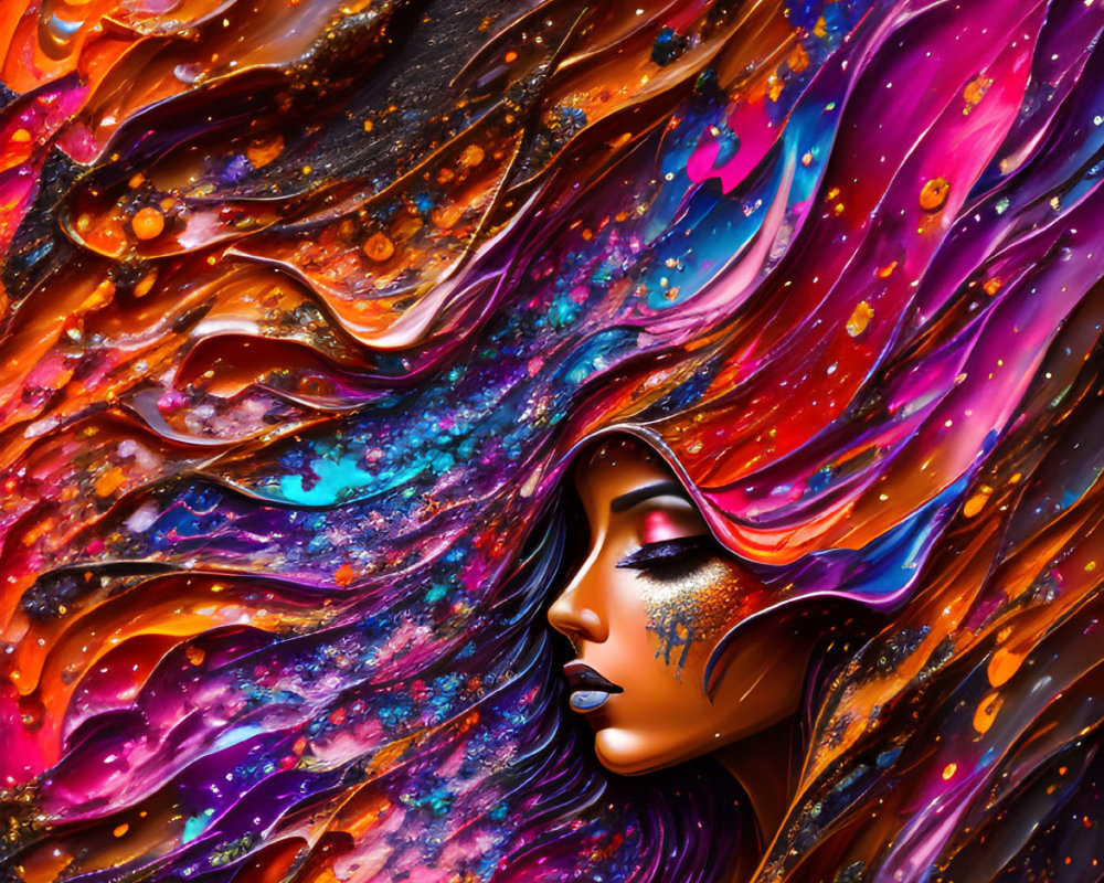 Colorful cosmic hair profile digital artwork.