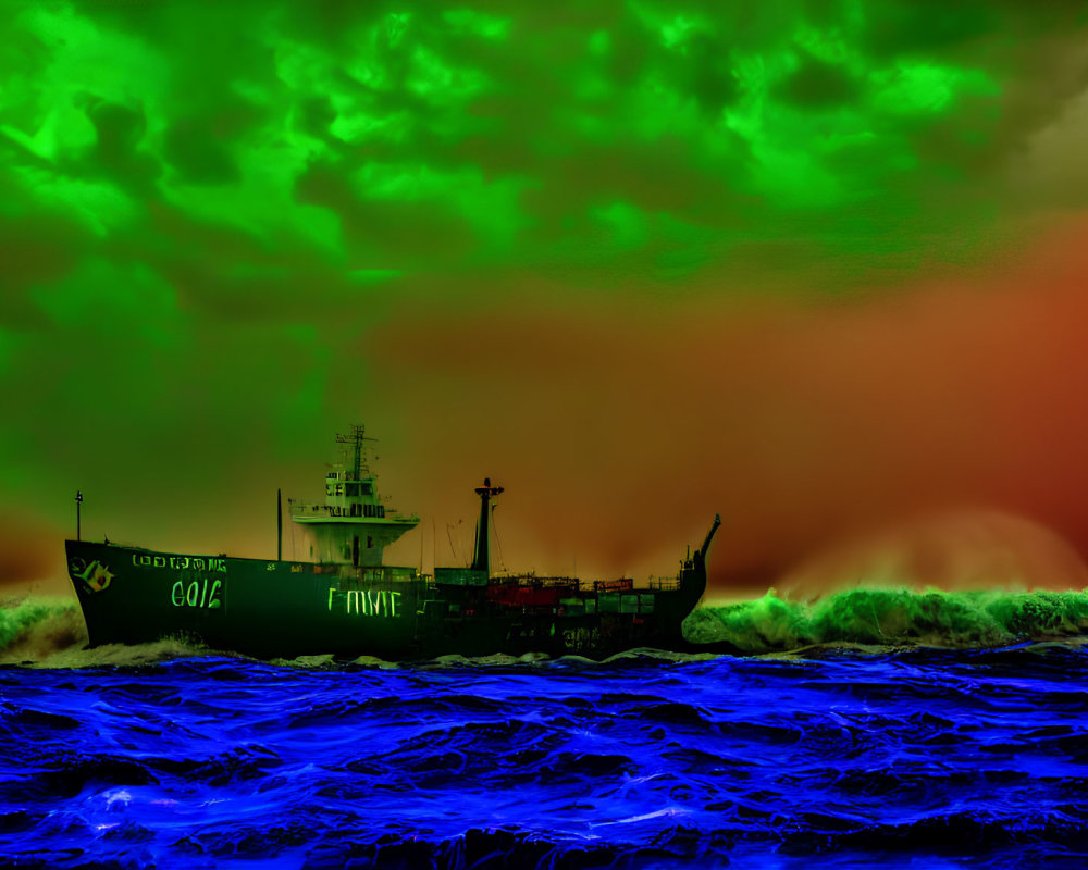 Color-altered cargo ship image with surreal green skies and blue waves