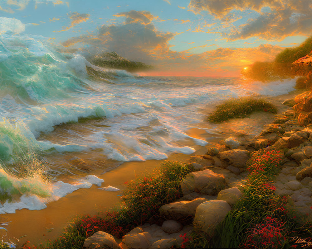 Scenic beach sunset with crashing waves, rocks, and wildflowers