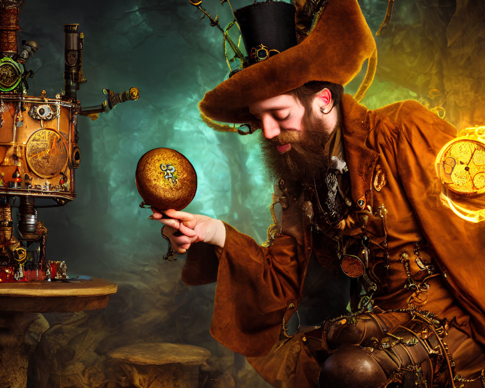 Steampunk-themed man with top hat and glowing orb in vintage setting