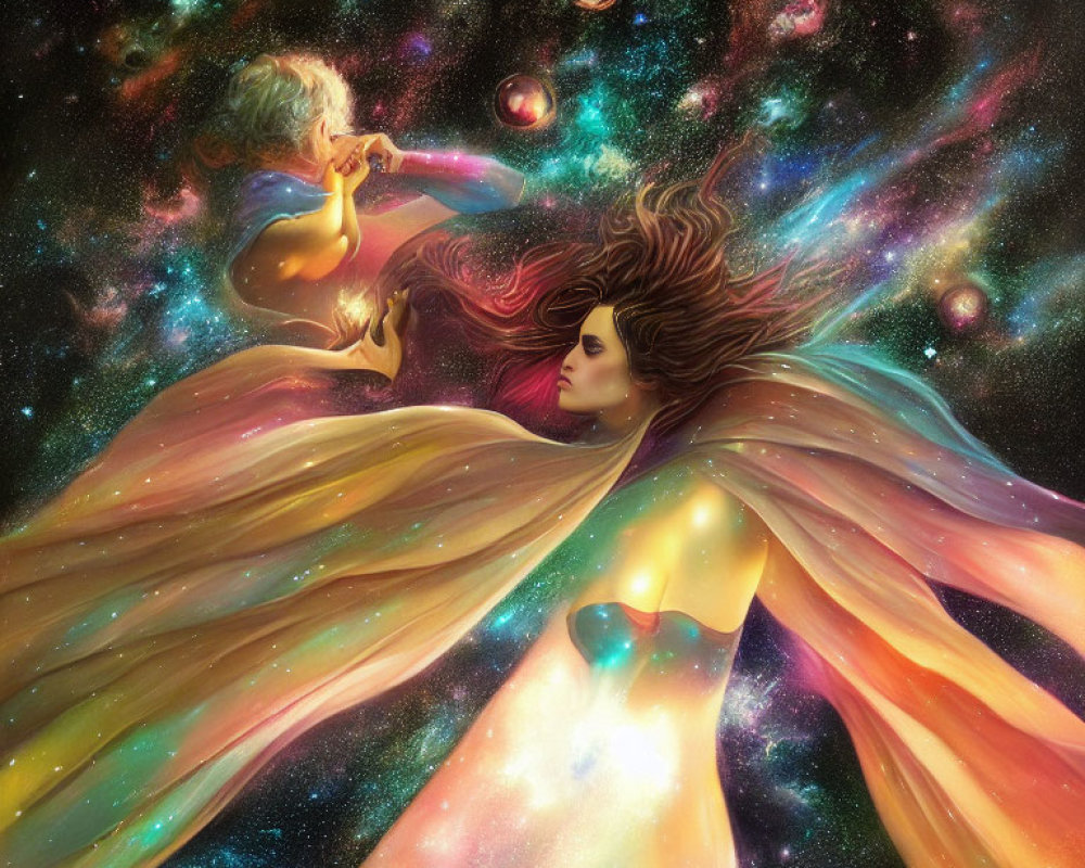 Artwork of child blowing bubbles transforming into planets with woman's hair and dress merging into cosmic backdrop.