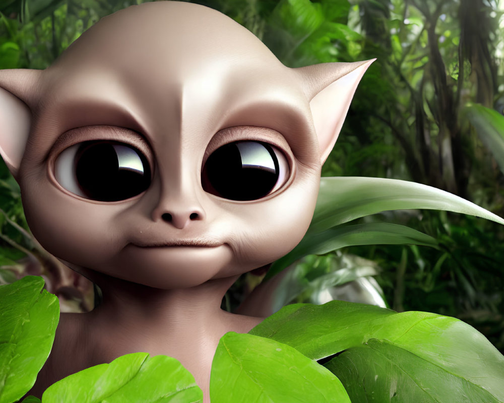 Friendly Alien Peeking from Green Foliage in 3D Render