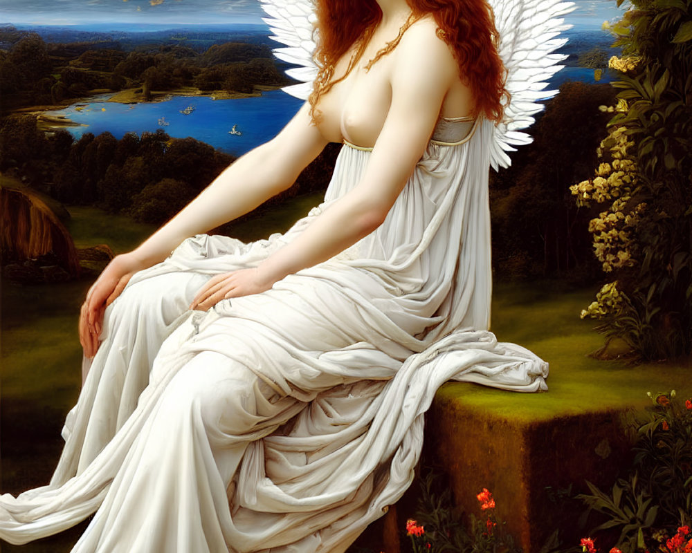 Red-haired angel with white wings in serene landscape wearing white robes