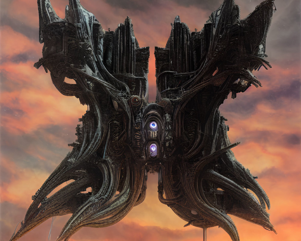 Gigantic biomechanical alien spaceship under dusky sky with intricate designs