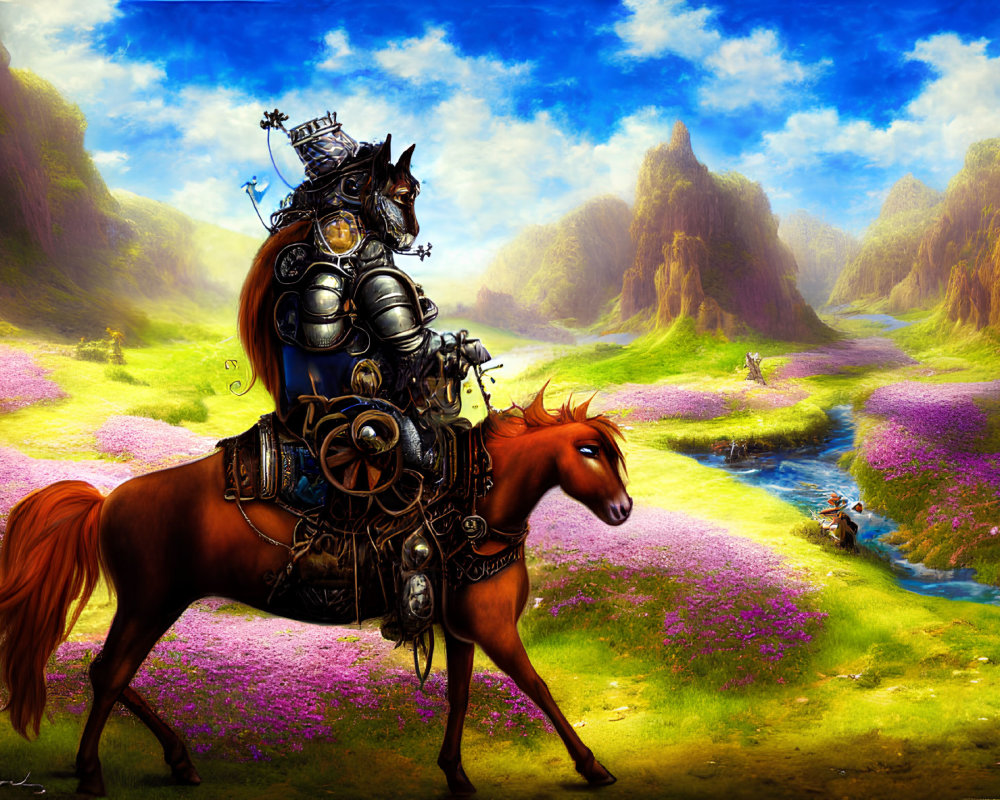 Armored knight on horse in flower-filled valley with river and mountains.