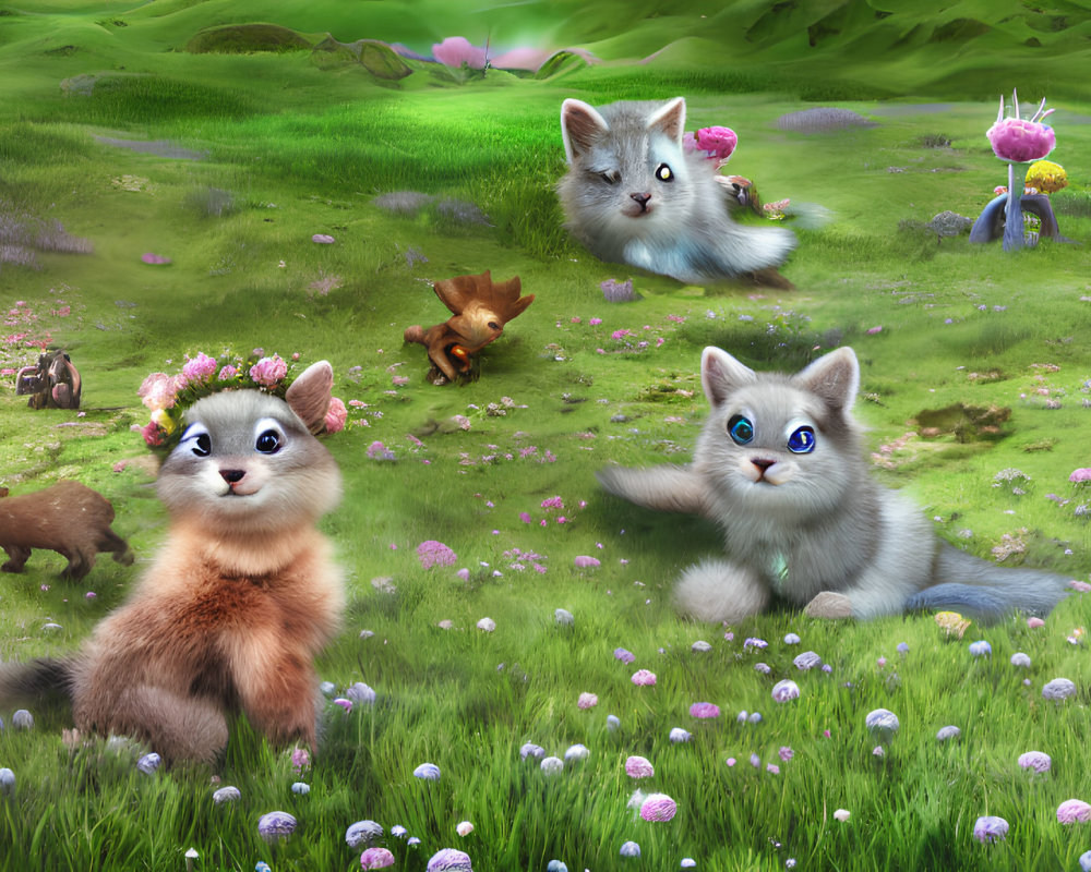 Whimsical anthropomorphic foxes and squirrels in vibrant meadow