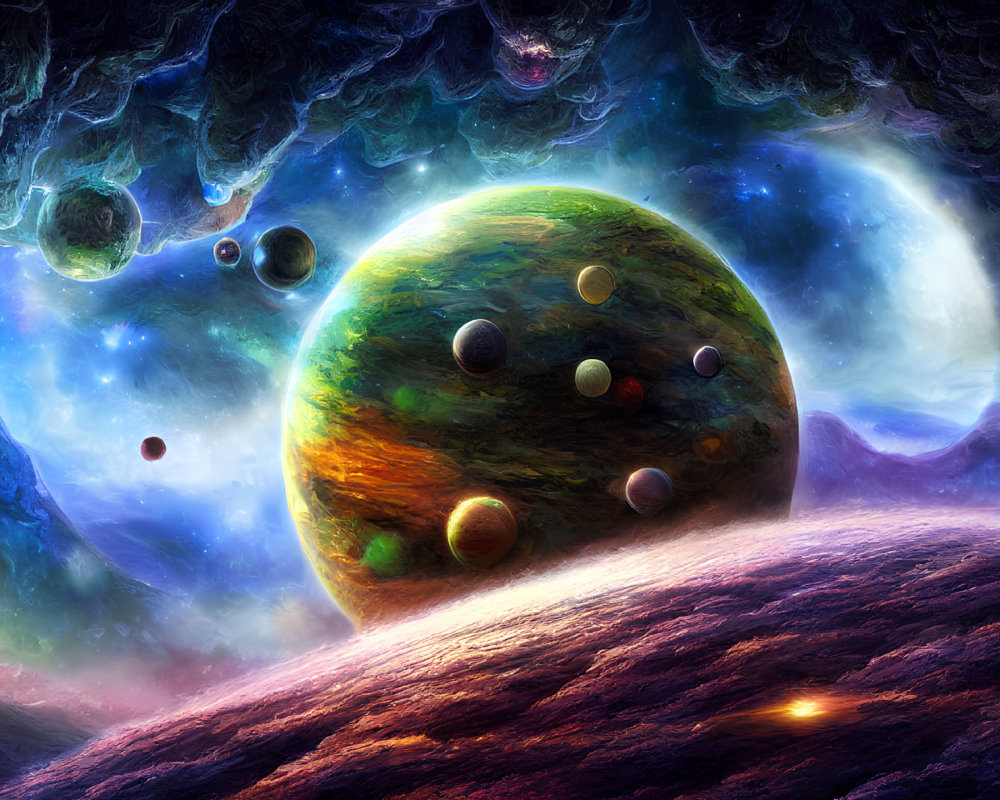 Colorful cosmic landscape with multiple planets and nebulae