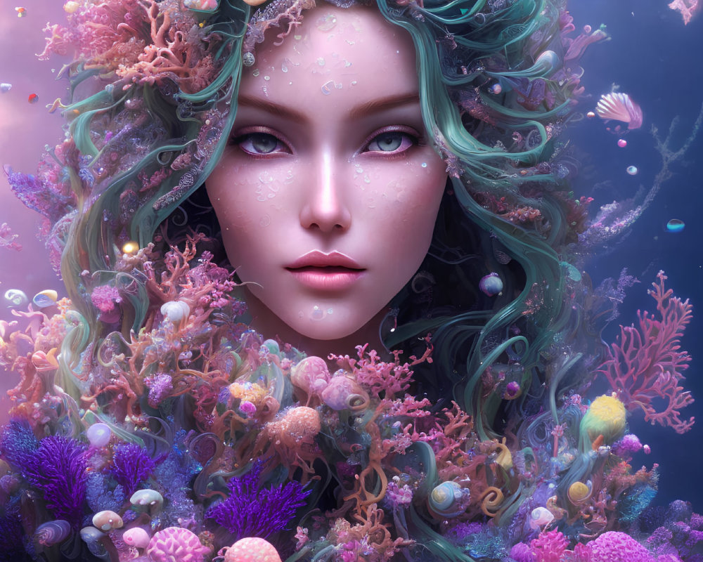 Vivid Turquoise Hair Woman Surrounded by Coral and Sea Life