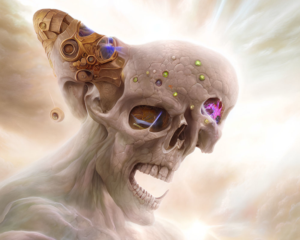 Detailed Digital Artwork: Alien Skull with Mechanical Enhancements and Glowing Gems on Luminous Cloud