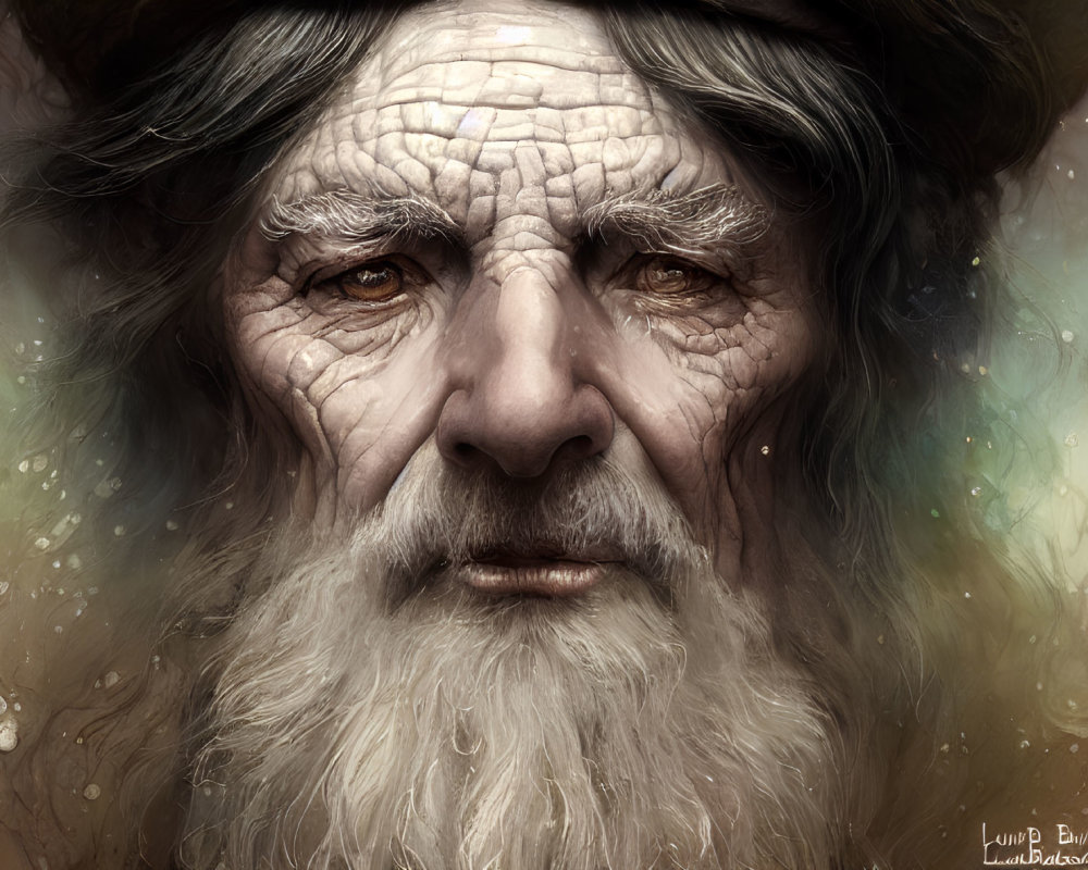 Elderly man with deep wrinkles and hat in mystical setting