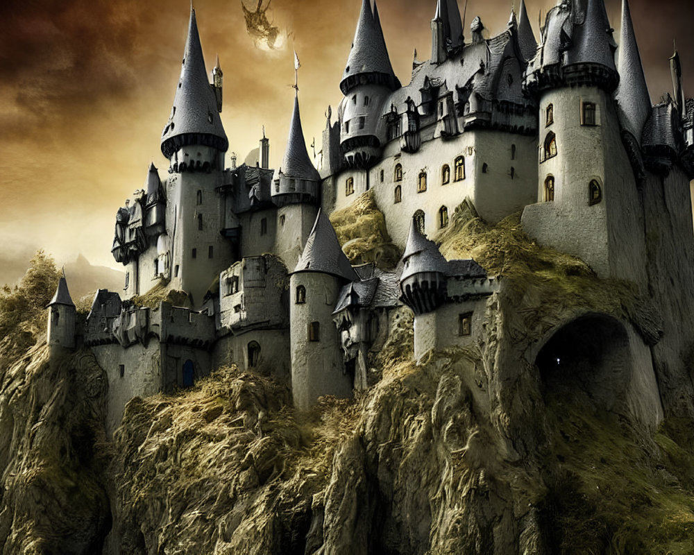 Medieval castle with spires on cliff under golden sky