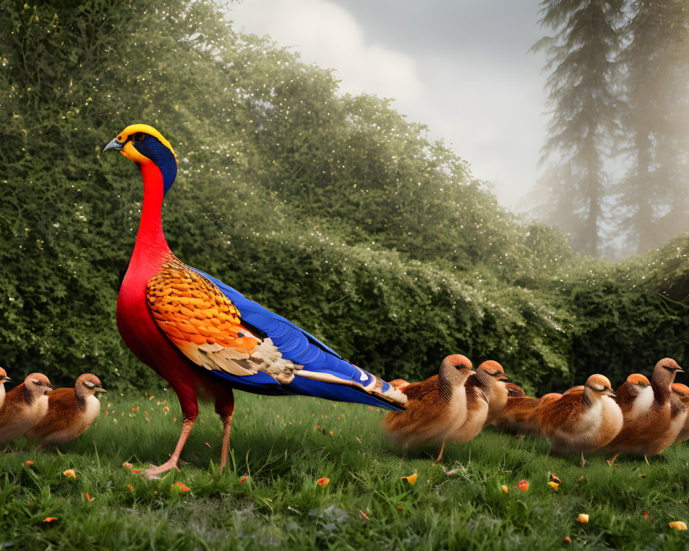 Colorful pheasant among brown birds in lush forest clearing with yellow flowers