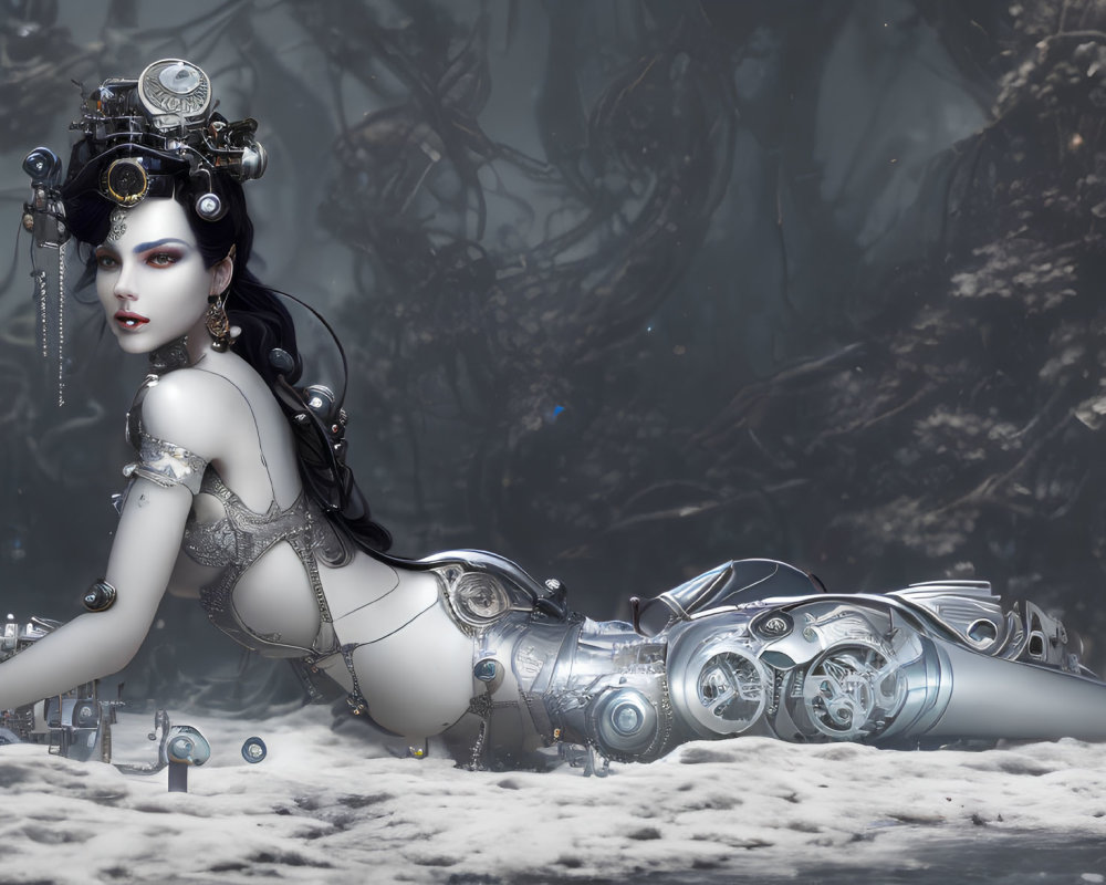 Female cyborg with intricate mechanical body parts in misty forest setting