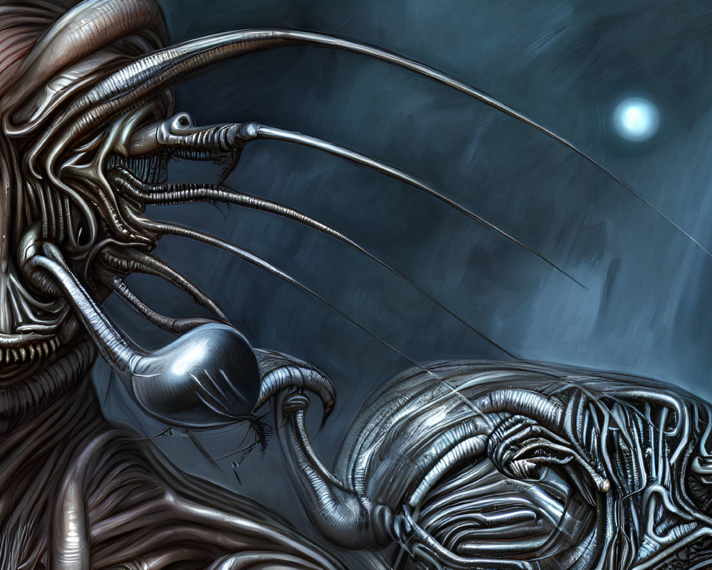 Detailed biomechanical creature art with metallic textures on moonlit background