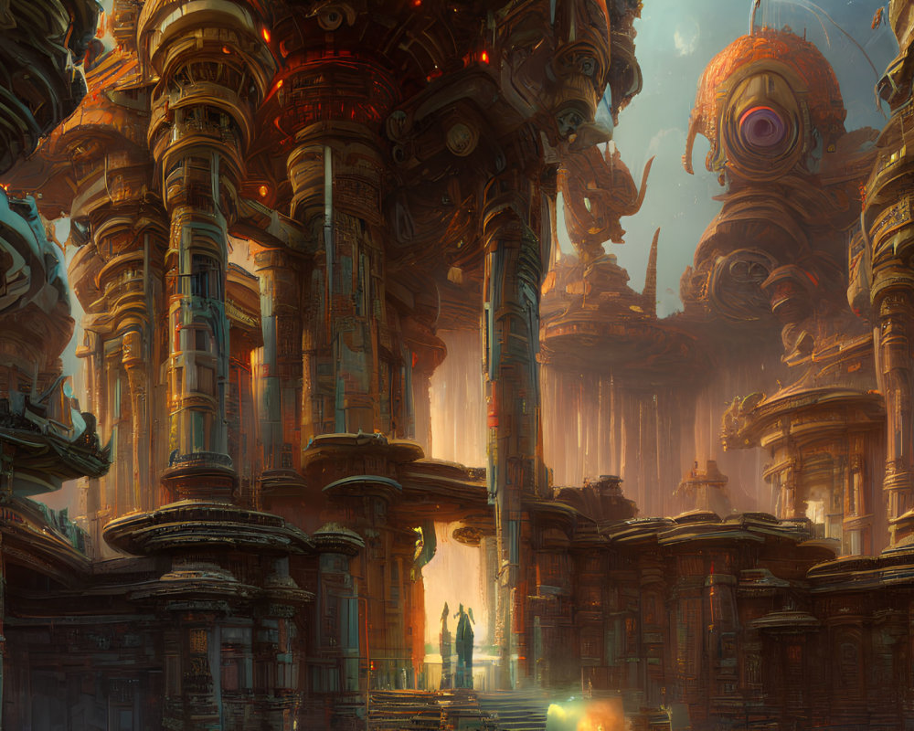 Futuristic cityscape with towering, ornate structures