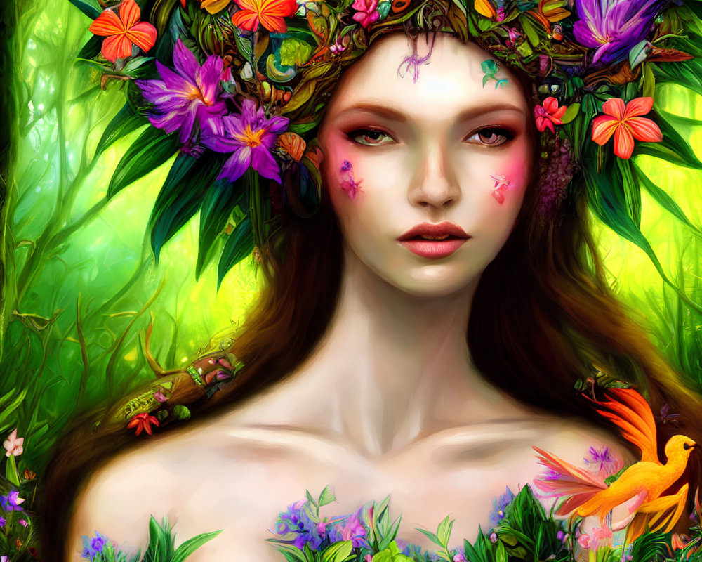 Digital artwork of woman with floral crown and bird in lush greenery