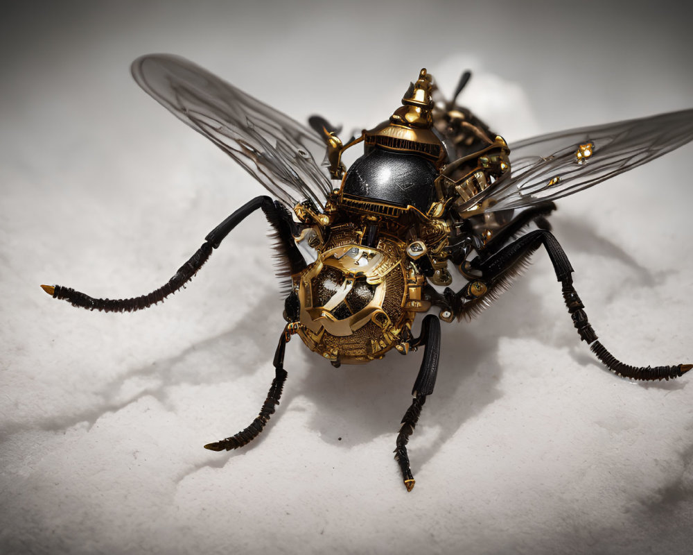 Steampunk mechanical fly with intricate gears on white surface