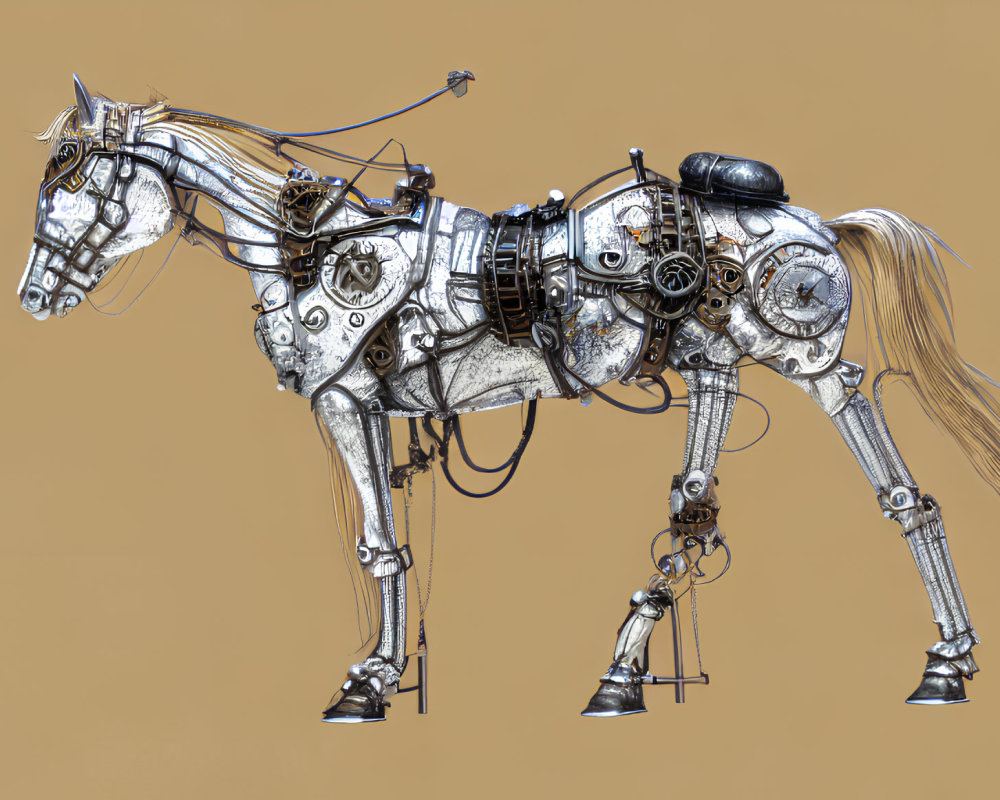 Detailed Mechanical Horse Illustration with Gears on Tan Background