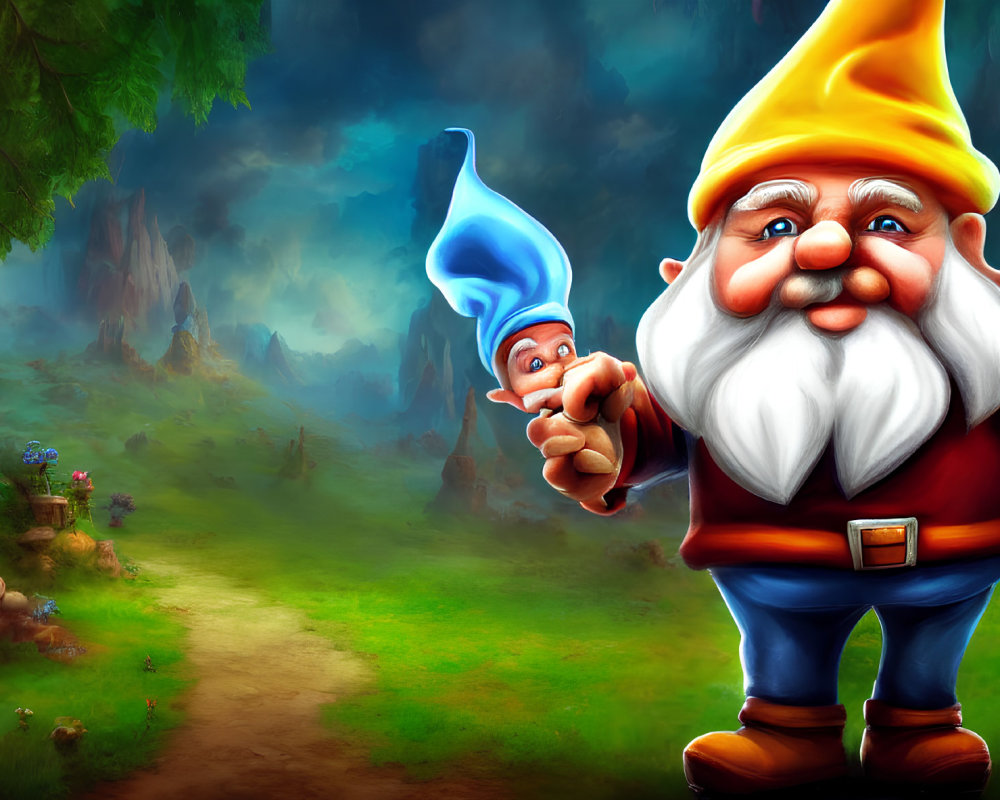 Vibrant garden gnomes in colorful enchanted forest