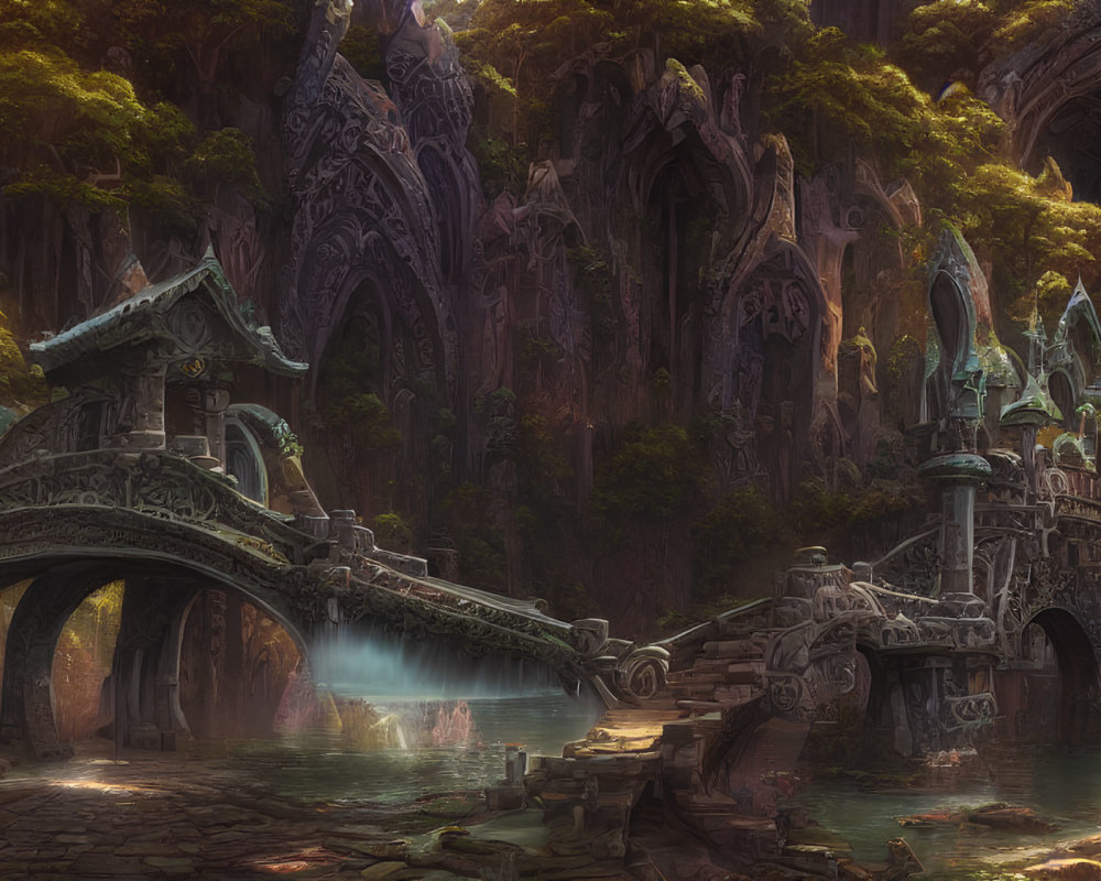 Mystical forest with ancient ruins, ornate bridge, serene river