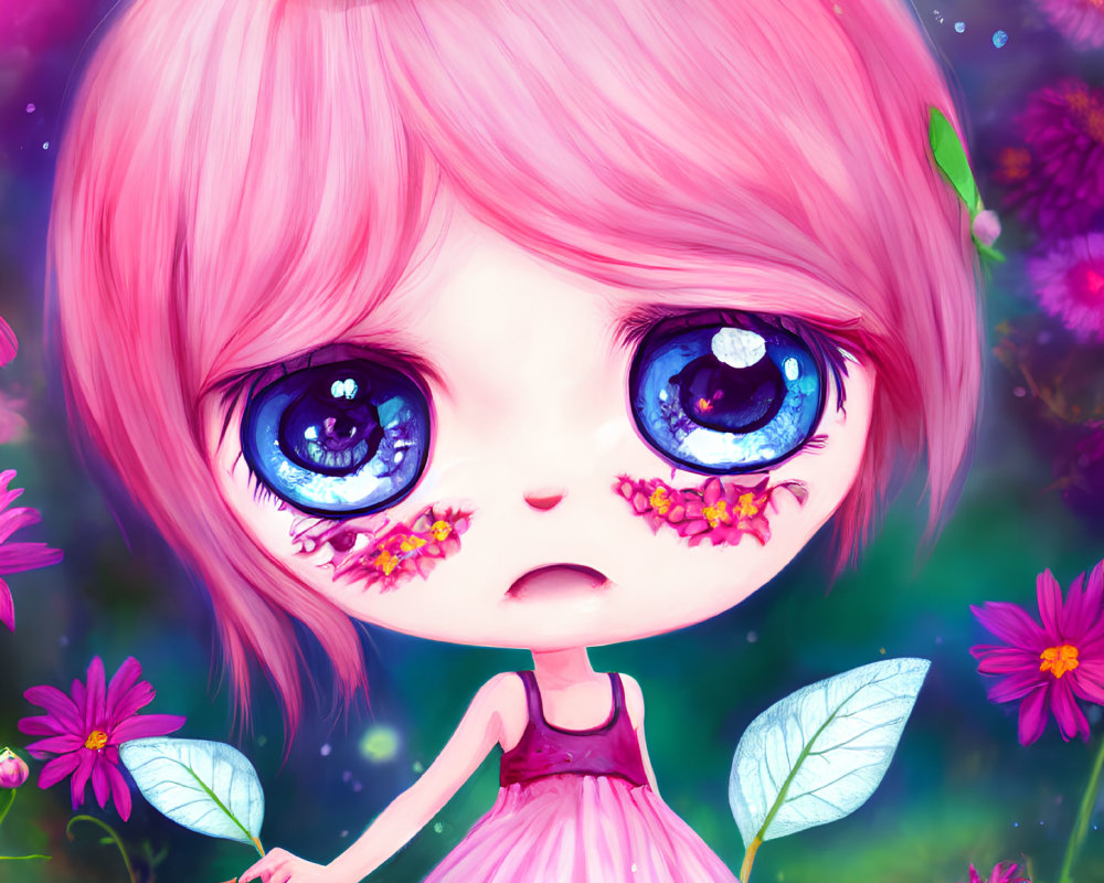 Illustration of girl with blue eyes, pink hair, leaf outfit, surrounded by vibrant flowers in fantasy