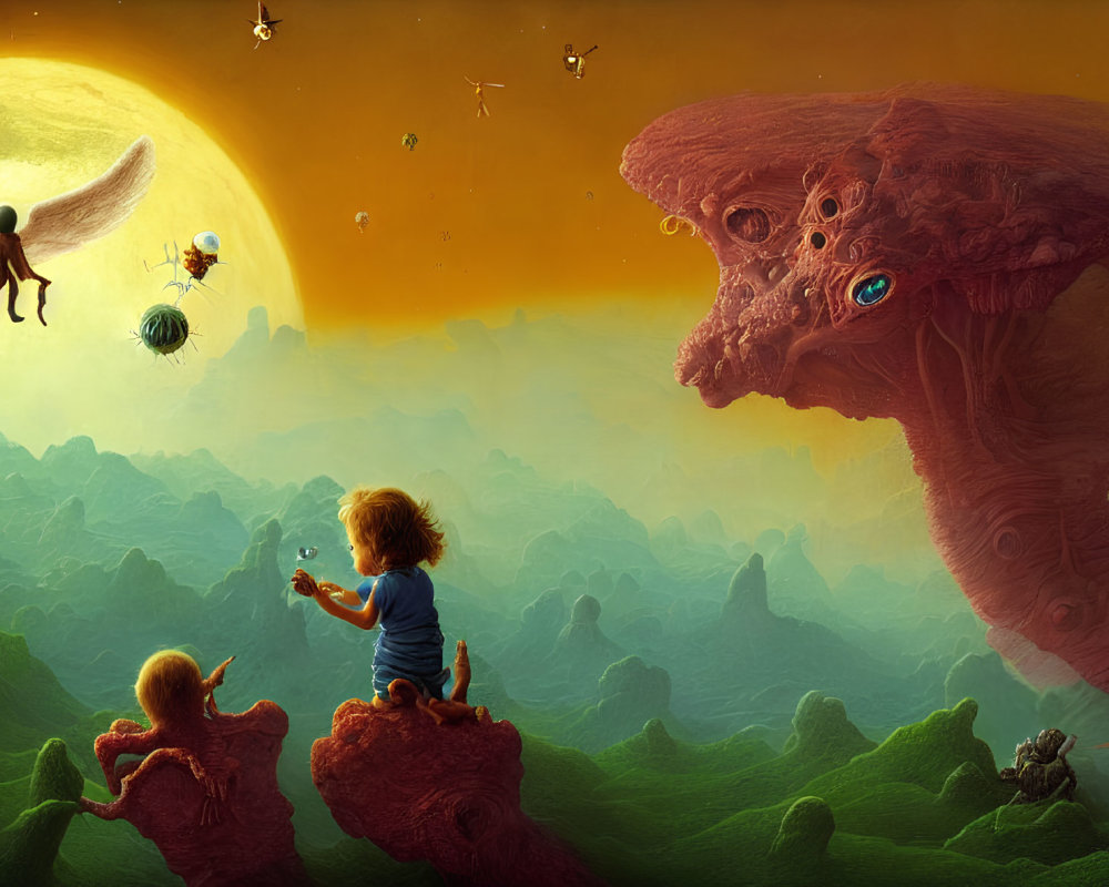 Giant creature, children, moon, and flying beings in surreal landscape