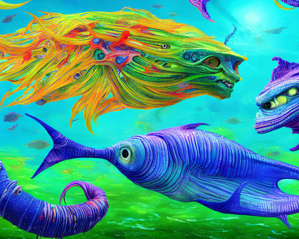 Vibrant humanoid-faced fish in colorful underwater scene