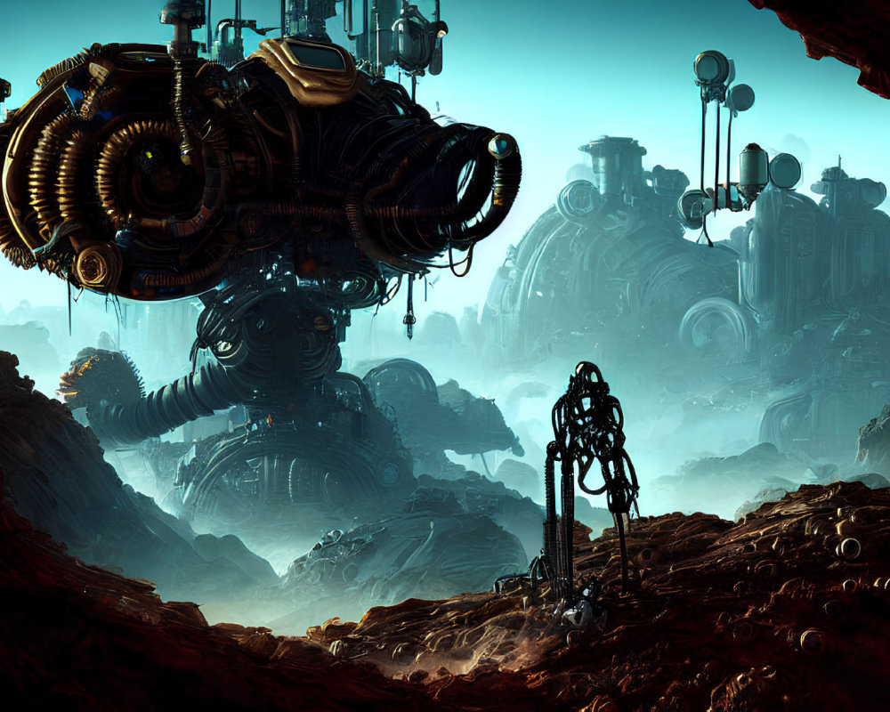 Futuristic industrial landscape with intricate machinery over rocky terrain