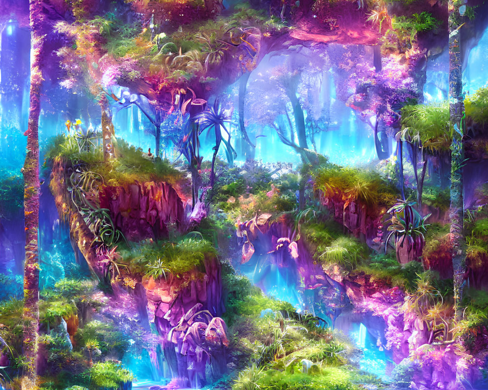 Mystical forest with luminous plants, colorful flora, and ethereal waterfalls